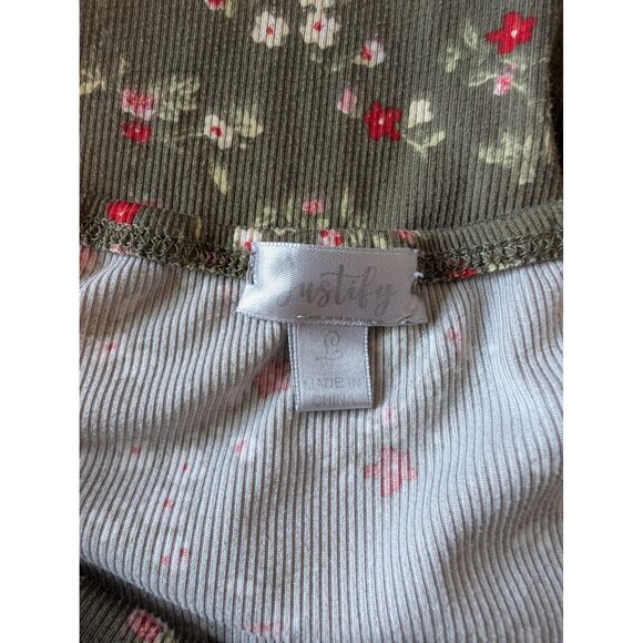 Floral Print Olive Green Bodycon Dress By Justify Milkmaid Puff Sleeve Large - Picture 3 of 4